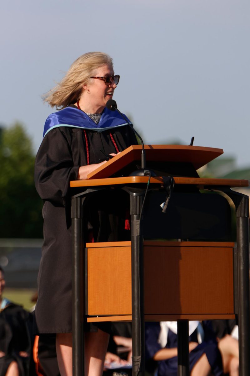 Smiling, journalism advisor Kathy Habiger gives her honorary speech. 